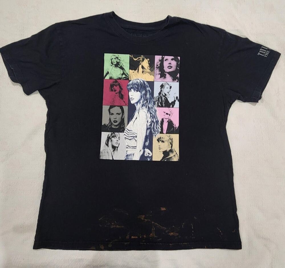 Taylor Swift Eras Tour Shirt XL Black Official 2023 Tour AS-IS (bleach spots)